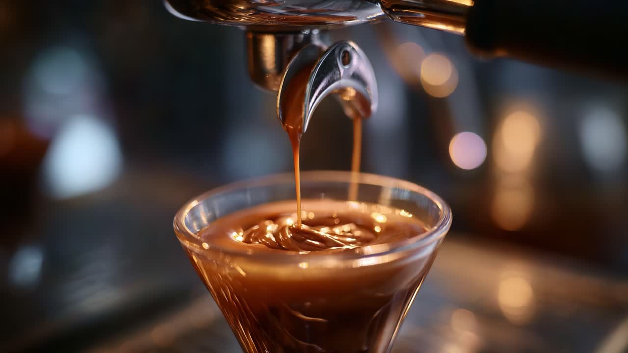 Fængslende espressobrygning: Nærbillede af fyldig kaffe, der strømmer fra et portafilter ned i en glaskop og indfanger essensen af baristaens håndværk og bryggekunst.