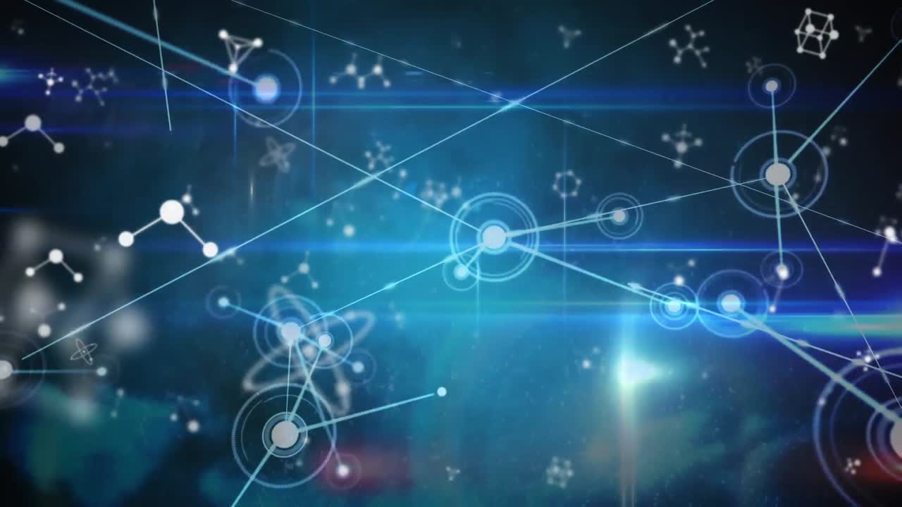 Animation of dots connected with lines over lens flares and nucleotides against abstract background