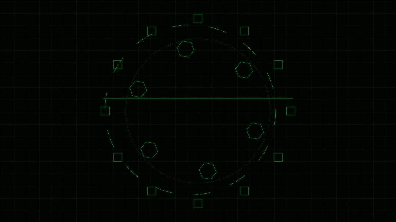Digital Green HUD Interface with Rotating Geometric Elements