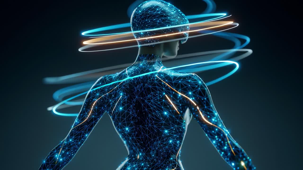 A Futuristic Representation of a Human-Like Figure Surrounded by Luminescent Circles Emitting Light Energy, Showcasing a Blend of Technology and Art in a Stunning Visual Display