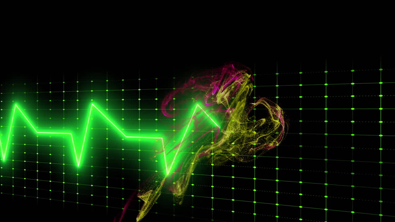 Heartbeat line animation over abstract colorful shapes on black background