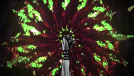 Animation-of-robot-arm-rotating-over-green-kaleidoscopic-shapes-on-black-background