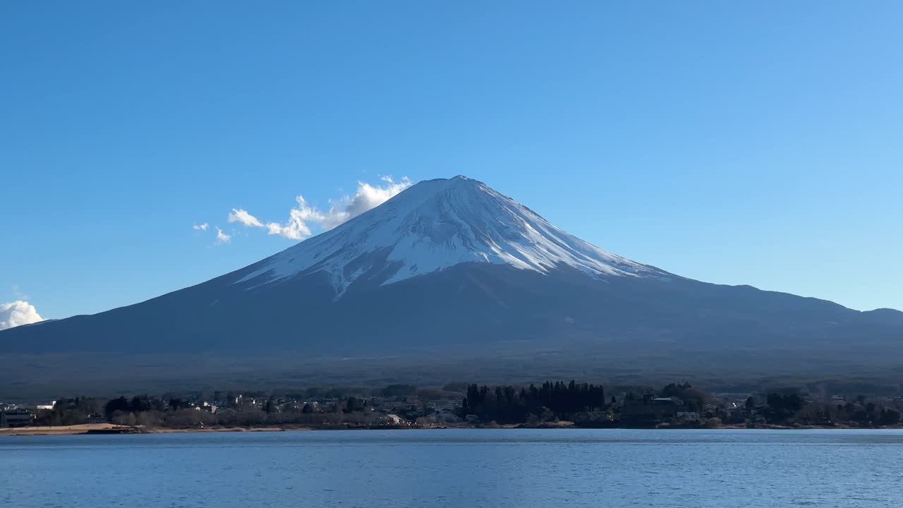 Mount Fuji on Sunny Day, Snow Capped Volcanic Cone View From Kawaguchiko Lake, Japan