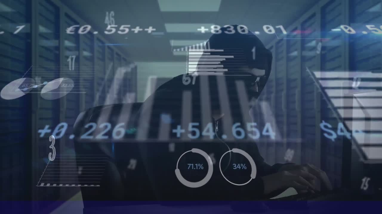 Animation of financial data processing over hacker using computer