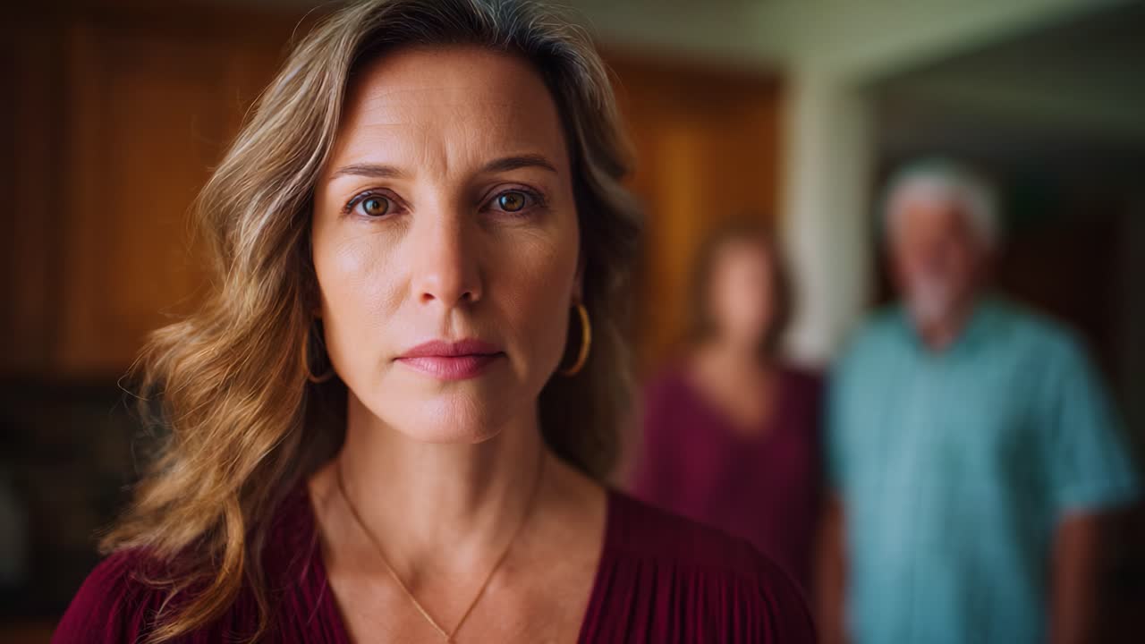 A Woman in Focus with a Serious Expression as Two People Blur into the Background, Capturing an Emotional Moment of Connection and Tension in a Home Setting