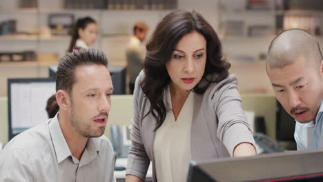 Creative-business-team-meeting-in-modern-glass-office-multi-ethnic-group-of-people-working-over-computer-screen-on-combined-teamwork-project