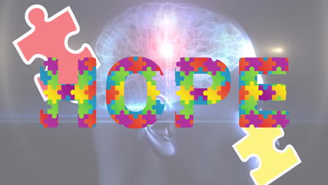 animation of hope text formed with puzzles over glowing human brain on grey background