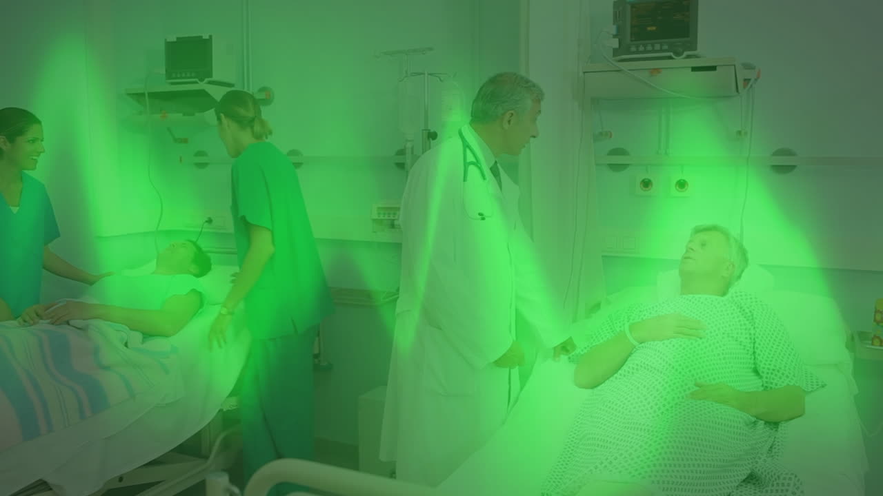Animación de monitor de frecuencia cardíaca sobre un médico caucásico hablando con un paciente en el hospital