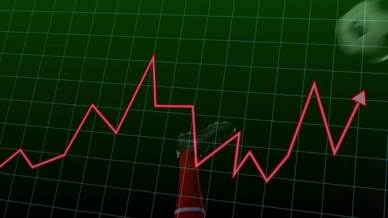 Red line graph animation over soccer player kicking ball on green grid background