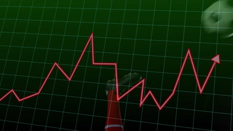red line graph animation over soccer player kicking ball on green grid background
