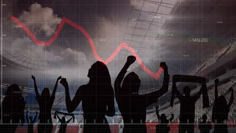 animation of graphs and data processing over cheering fans at sports stadium