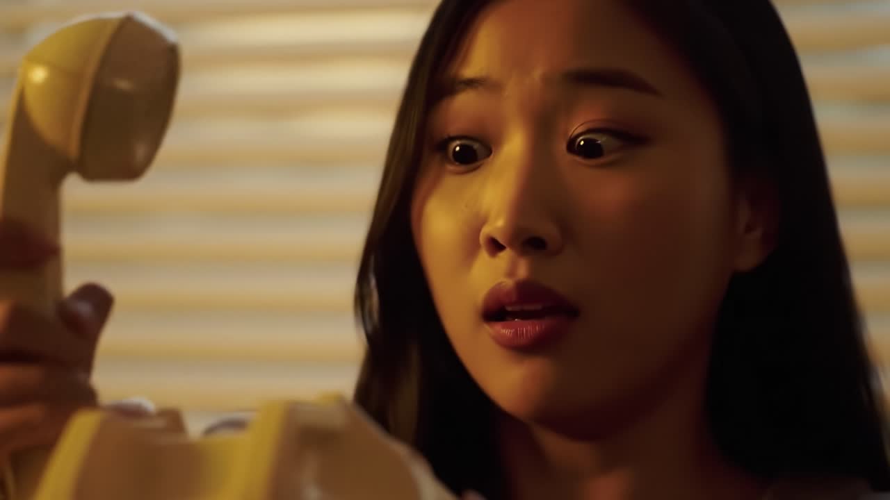 A Woman Transitioning from Surprise to Joy: The Emotional Journey Captured from Two Frames of a Video Featuring a Vintage Telephone Interaction