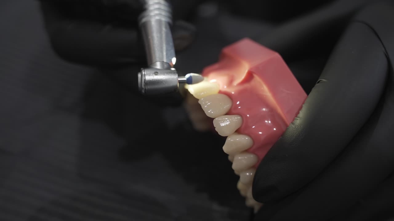 Close-up of a dentist using a dental drill on a tooth model