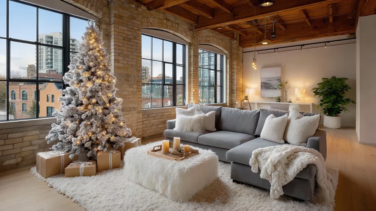 Cozy and Inviting Holiday Living Room Scene with a Lush Christmas Tree, Elegant Decor, and a Soft, Warm Ambiance to Celebrate the Season in Comfort