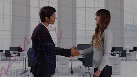 Animation-of-multiple-graphs-with-numbers-over-caucasian-man-handing-keys-to-woman-and-shaking-hands