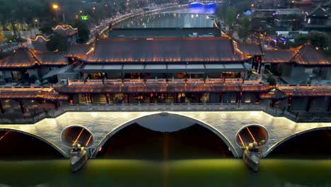 Beautiful-Anshun-Bridge-City-Lights-at-Night-in-Chengdu,-China---Cinematic-Aerial