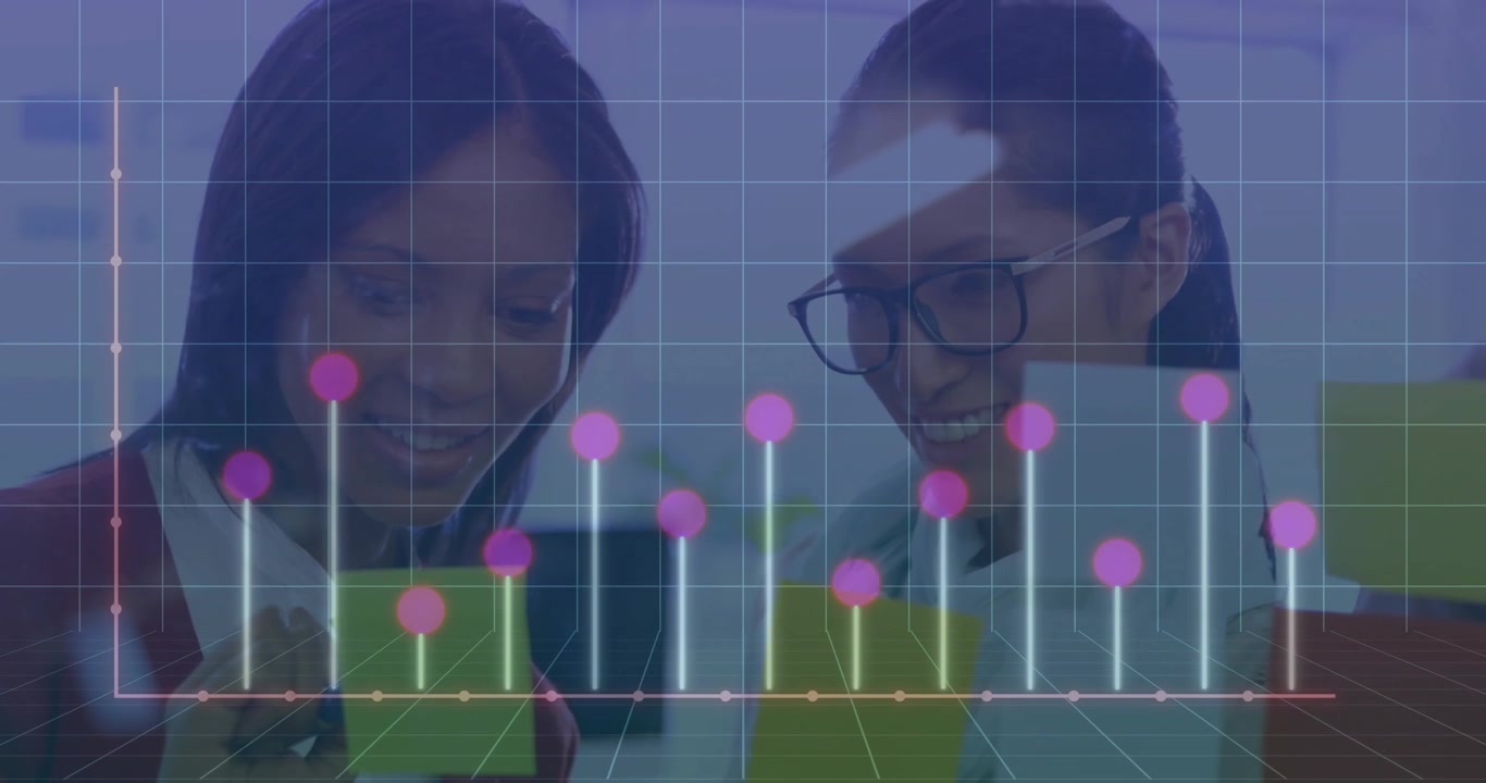 Two women analyzing business cards as grid fading in sparking bars rising under magenta markers