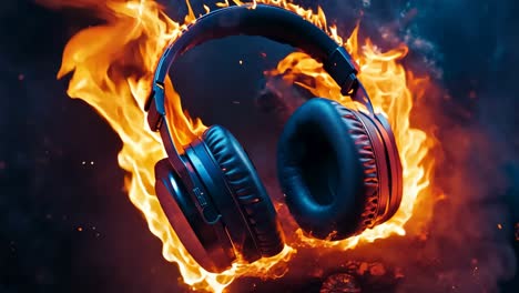 un par de auriculares en llamas en un fondo oscuro