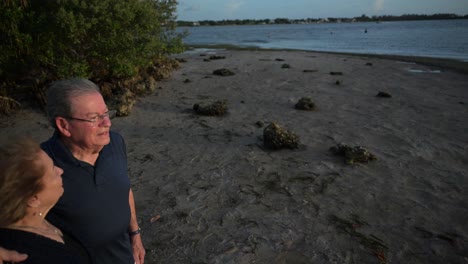 una pareja de ciudadanos mayores con su brazo alrededor de su esposa miran la puesta de sol en una playa de florida