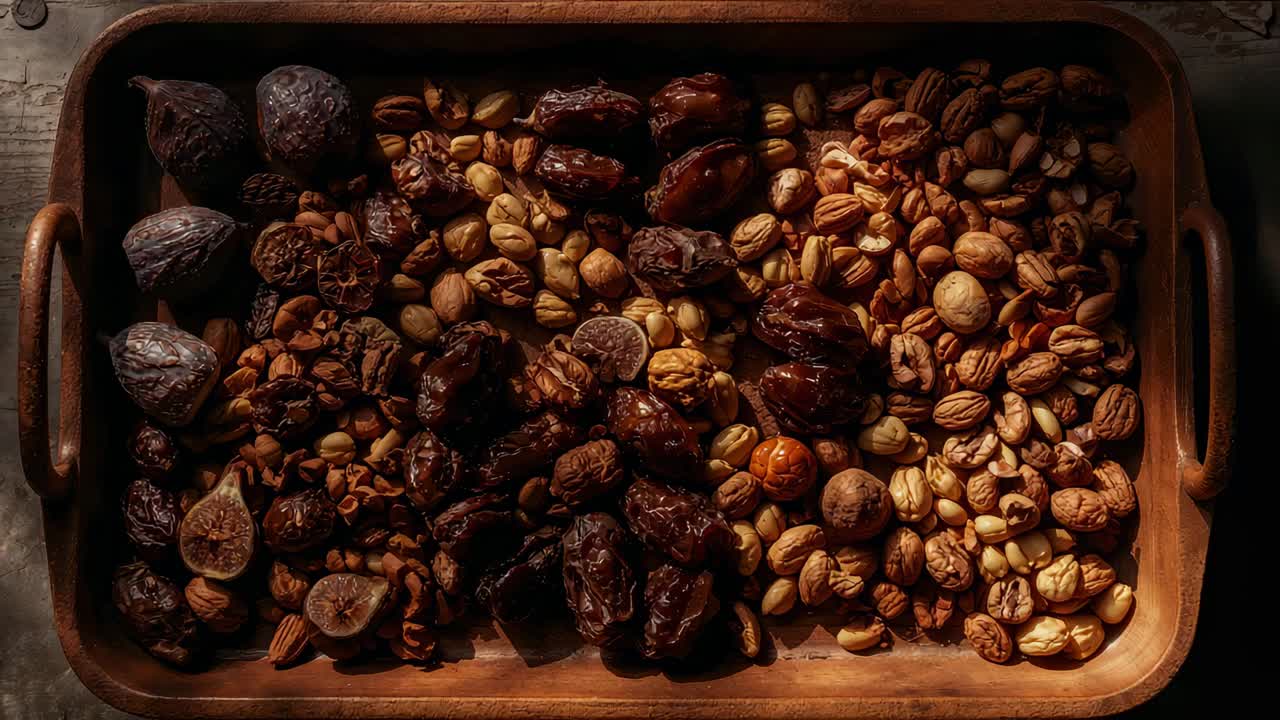 Shifting warm light casting shadows over tray on wood table, deepening figs, dates, pistachio tones