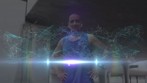 animación de una red de comunicación brillante sobre un atleta masculino descansando haciendo ejercicio al aire libre