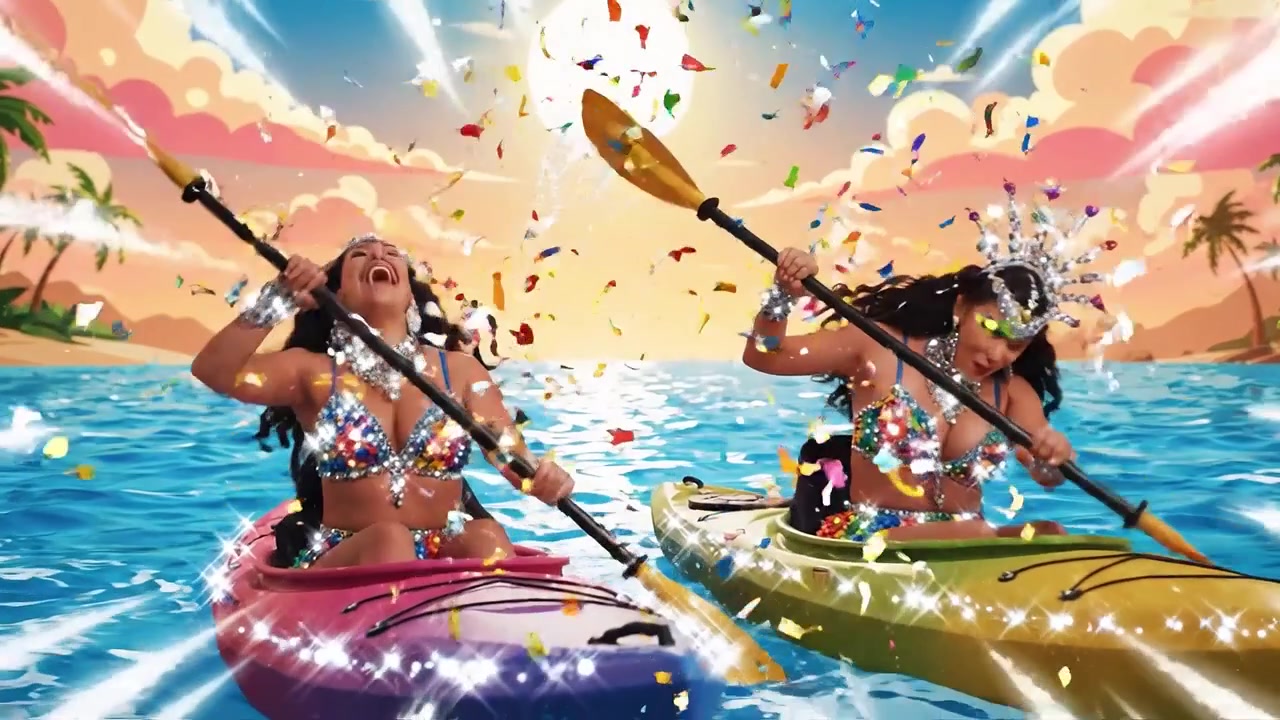 Hai người phụ nữ chèo thuyền kayak đầy màu sắc cùng nhau trên đại dương rực rỡ lúc hoàng hôn, thể hiện niềm vui, sự phấn khởi và tinh thần phiêu lưu trên nền phong cảnh nhiệt đới.