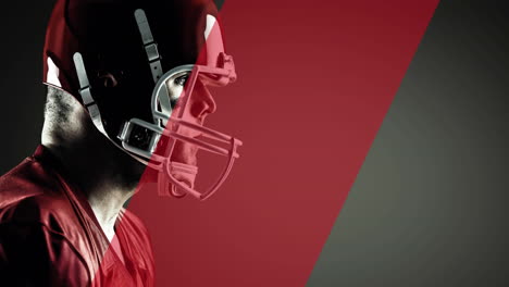 animation of diagonal red stripe moving over male american football player, on grey background