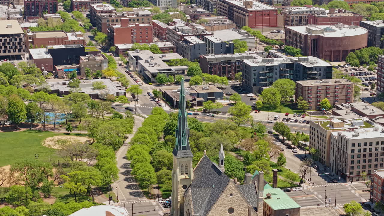 Chicago USA, Aerial View of First Baptist Congregational Church, Union Park and West Loop Neighborhood on Sunny Day