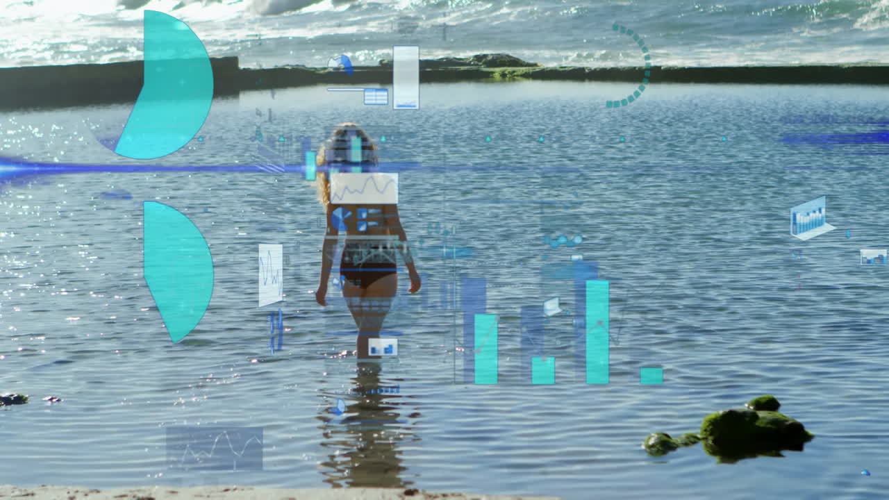 Person walking in water with data visualization animation over ocean scene