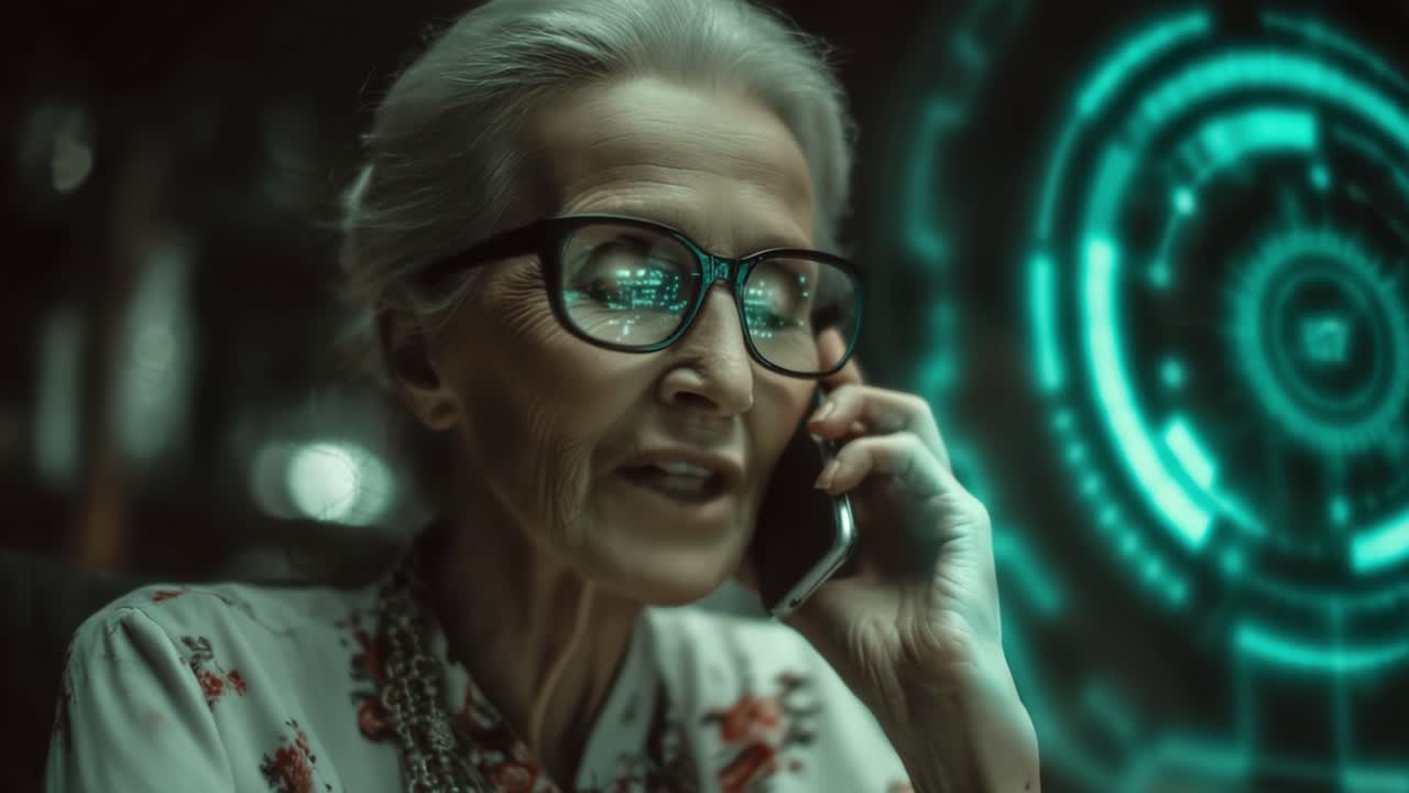 Une femme âgée engagée dans une conversation profonde sur son smartphone avec des visuels futuristes l'entourant, signifiant les avancées technologiques et de communication
