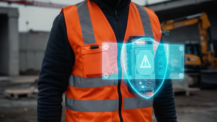 Tecnologia di sicurezza innovativa: un lavoratore con un giubbotto di sicurezza arancione utilizza un dispositivo smart progettato per migliorare la sicurezza sul lavoro e la comunicazione negli ambienti di costruzione