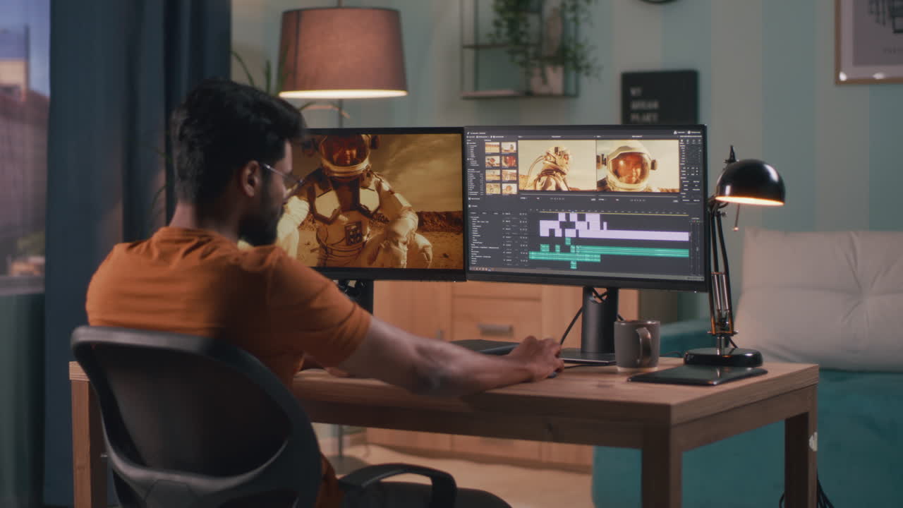 Video Editor Working on Space-Themed Project at Home