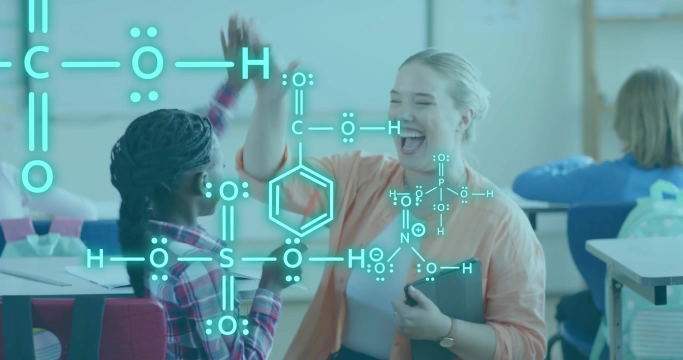 Teacher walking, activating holograms on tablet during chemistry lesson encouraging student writing