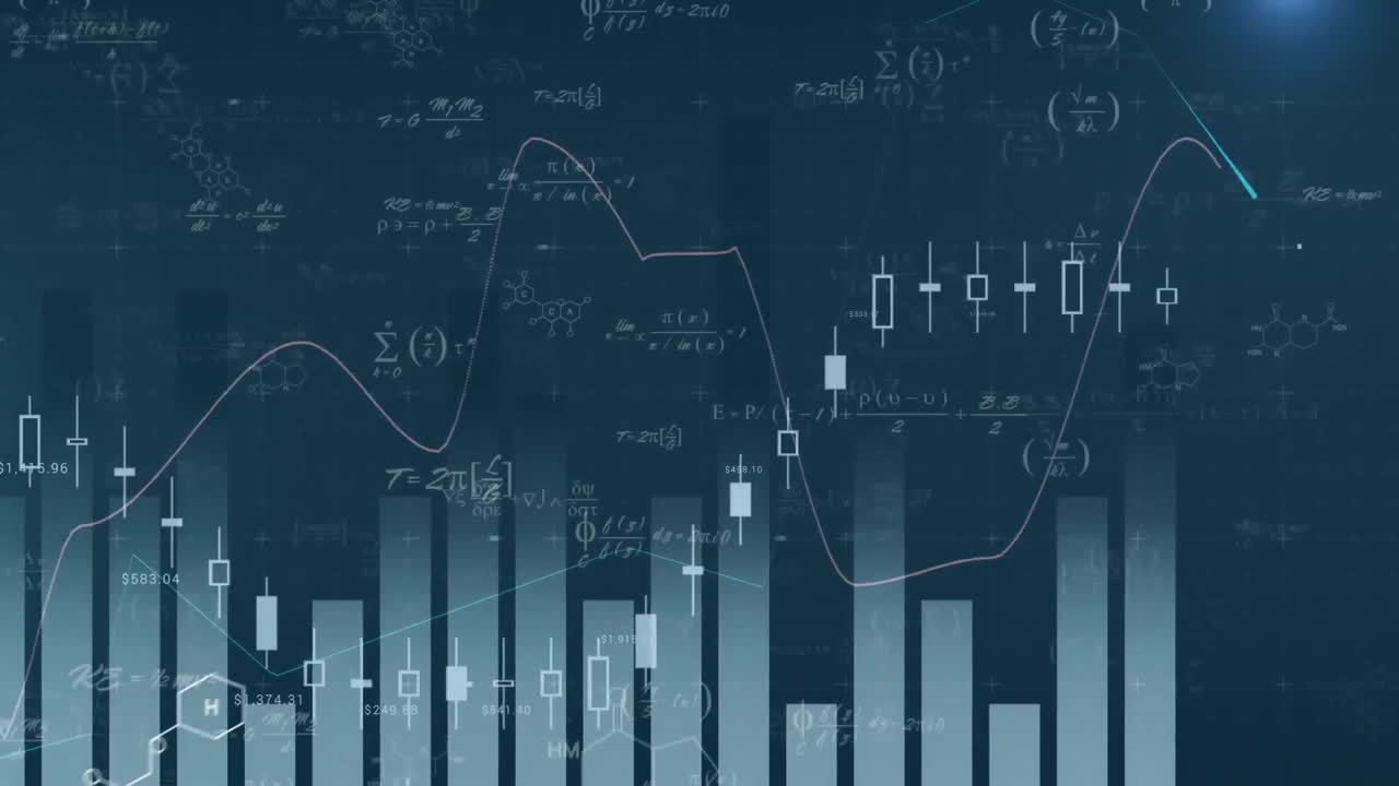 Animation of financial data processing over dark background