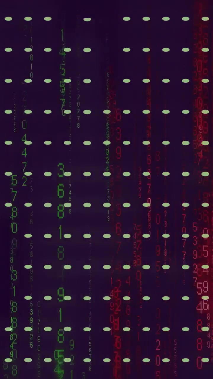 Vertical video: After pulse green and red digit streams falling, showing data flow on grid
