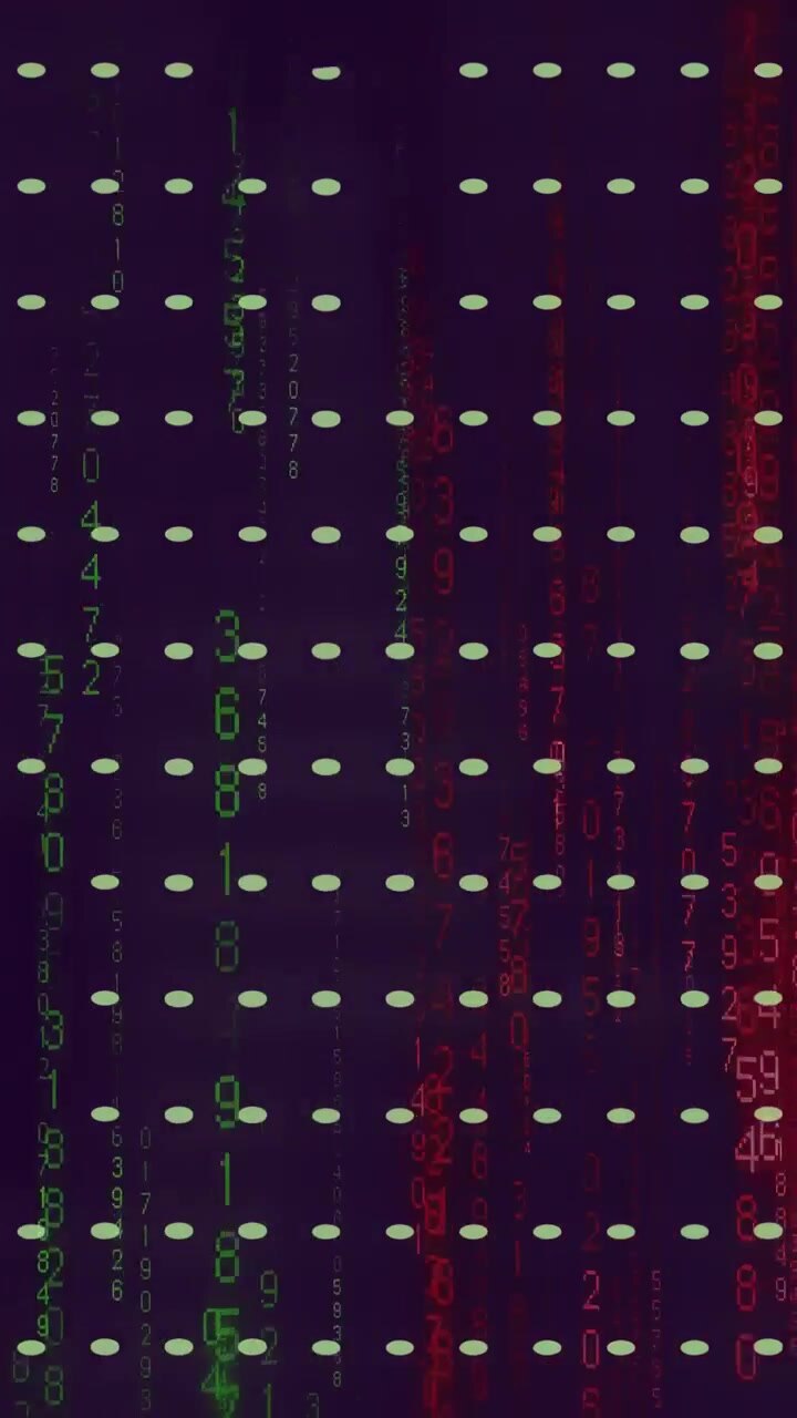 Vertical video: After pulse green and red digit streams falling, showing data flow on grid