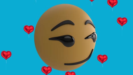 animación del icono de emoji sonriente con iconos de globos de corazón rojo sobre fondo azul