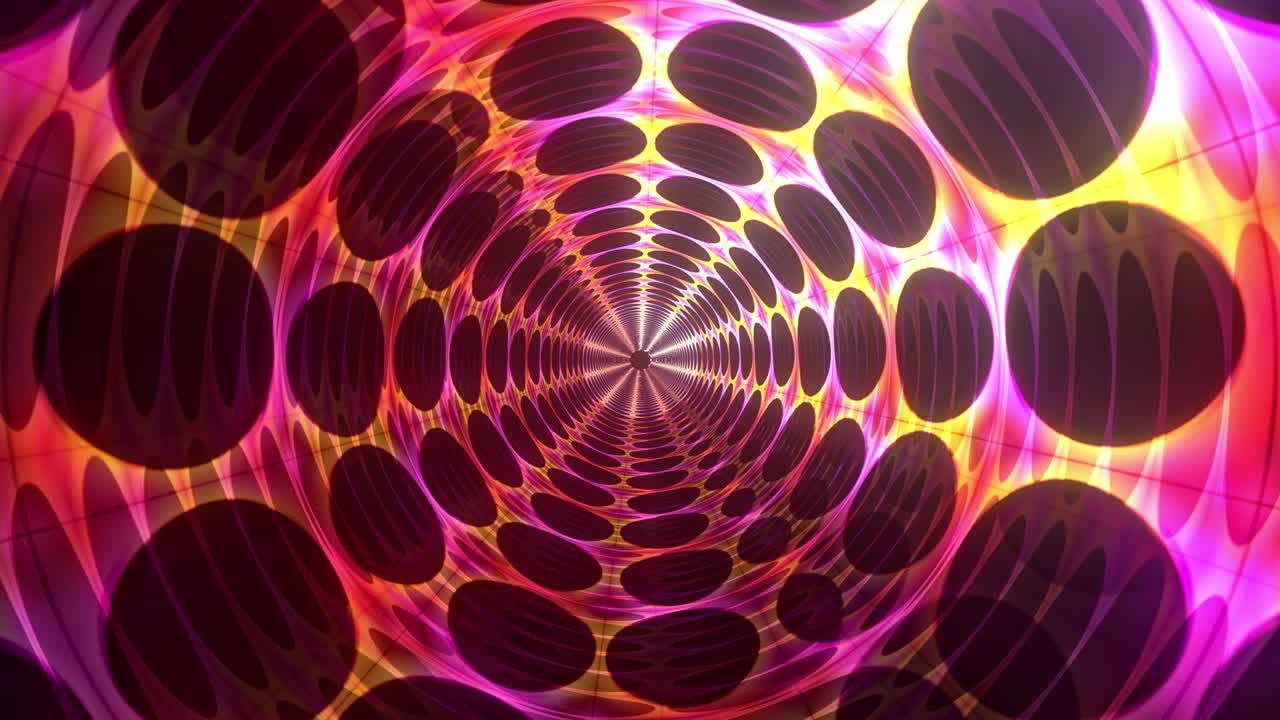 Padrão de arte fractal circular colorido abstrato girando em fundo preto. Animação em loop contínuo 4K 3D. Cenário de fantasia com formas brilhantes coloridas e rotativas para loop VJ, transição, shows de palco.