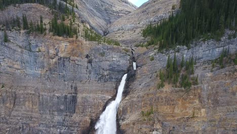 aerial shot of the beautiful takakkaw waterfalls in the forests of banff national park, alberta, canada