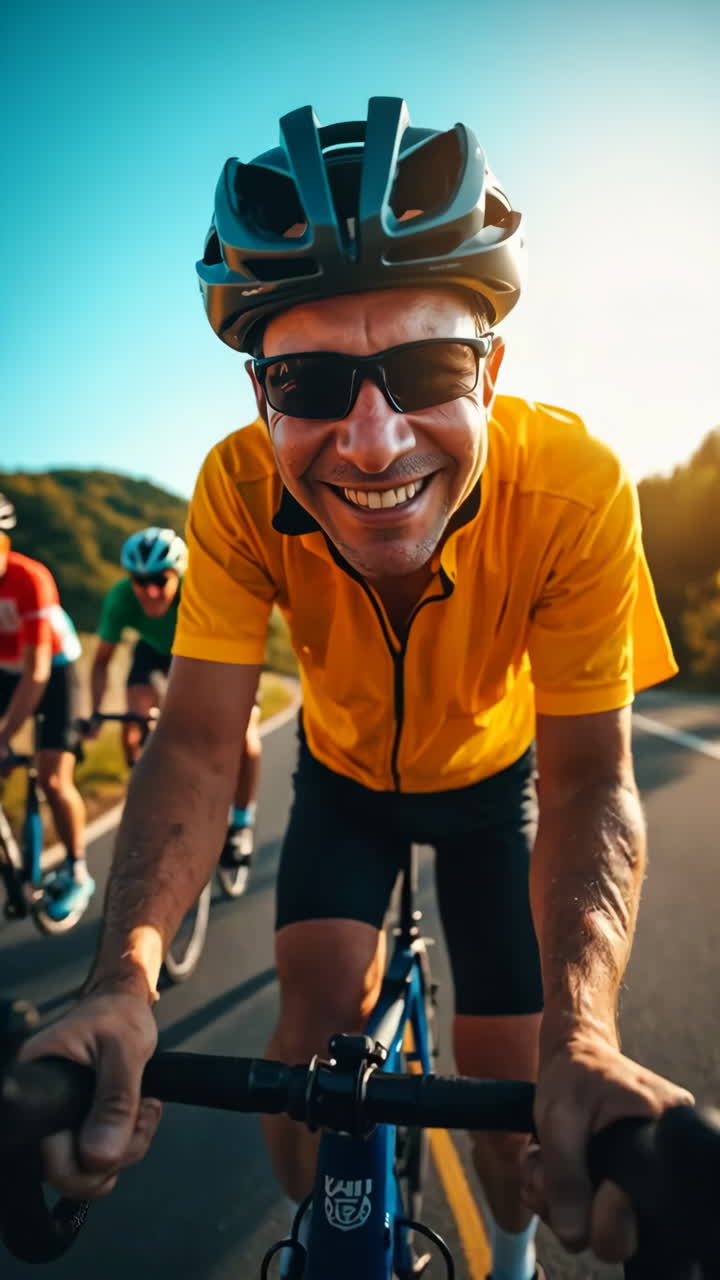 Group of cyclists enjoying a scenic road ride on a sunny day