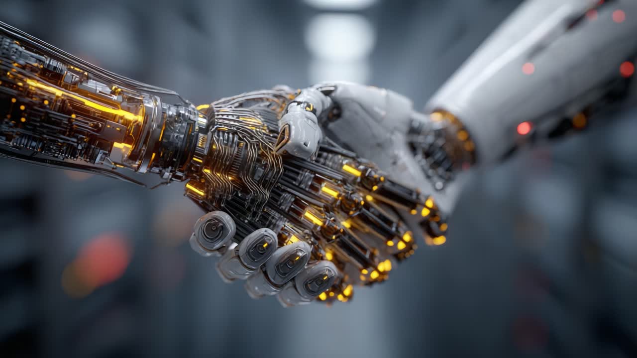 A Futuristic Depiction of a Robot Handshake, Symbolizing Collaboration and Unity Between Artificial Intelligence and Technology in the Digital Age