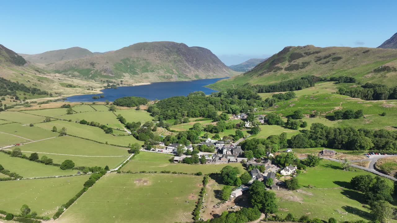 Aerial view of Buttermere valley, village and Crummock Water, Lake District Cumbria England