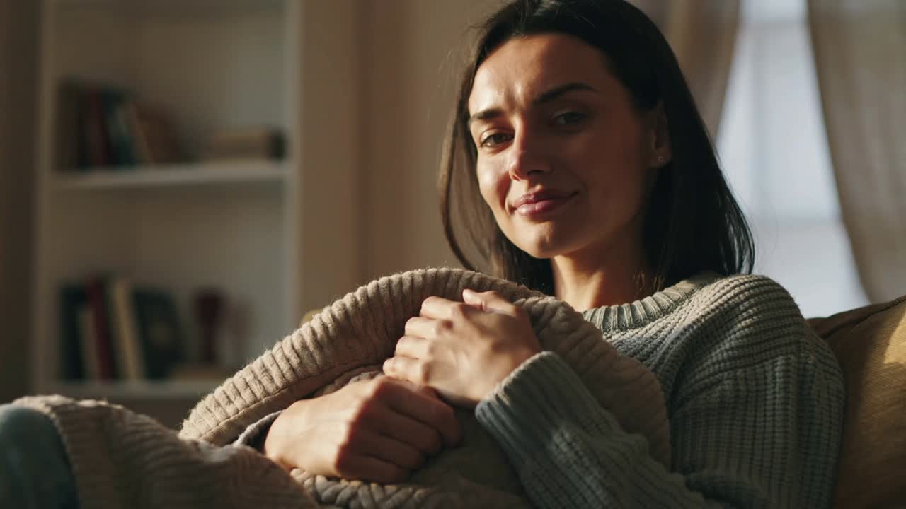 Holding woman in chunky knit sweater shifting, soothing infant in knit blanket on sofa by light