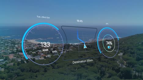 animación del velocímetro, el gps y los datos de carga en la interfaz del vehículo eléctrico, sobre la vista costera