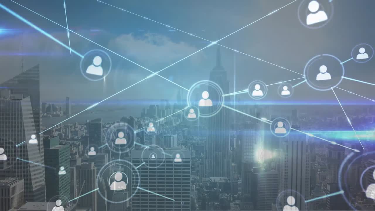 Animation of network of profile icons and blue light trails against aerial view of cityscape