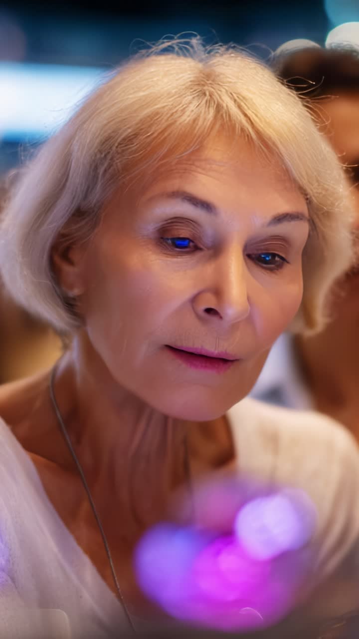 An elderly woman gazes intently at a glowing object, reflecting curiosity and wonder in a softly lit environment, capturing a moment of serene contemplation