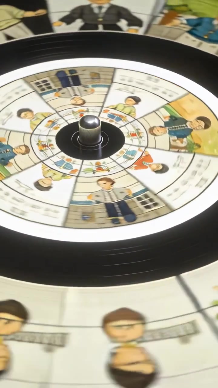 Mandrino che gira, pannelli disegnati che ruotano sotto la telecamera, mostrando un'auto gialla e un anello sfocato per il design.
