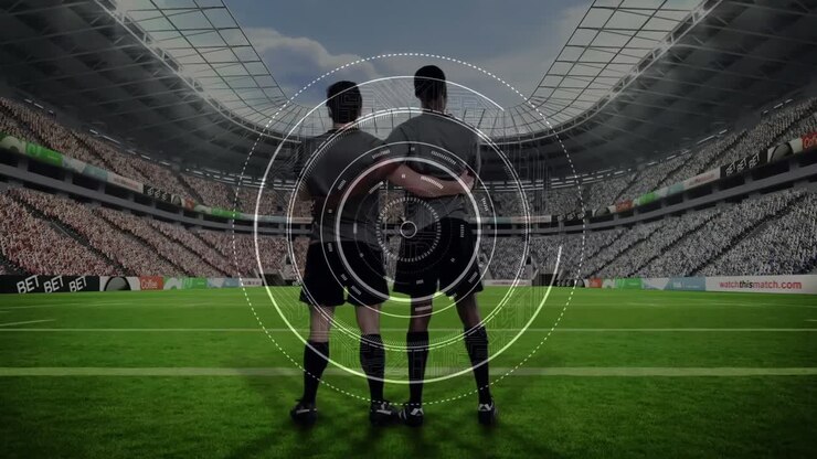 Animazione dell'elaborazione dati su giocatori di rugby di diverse etnie allo stadio.