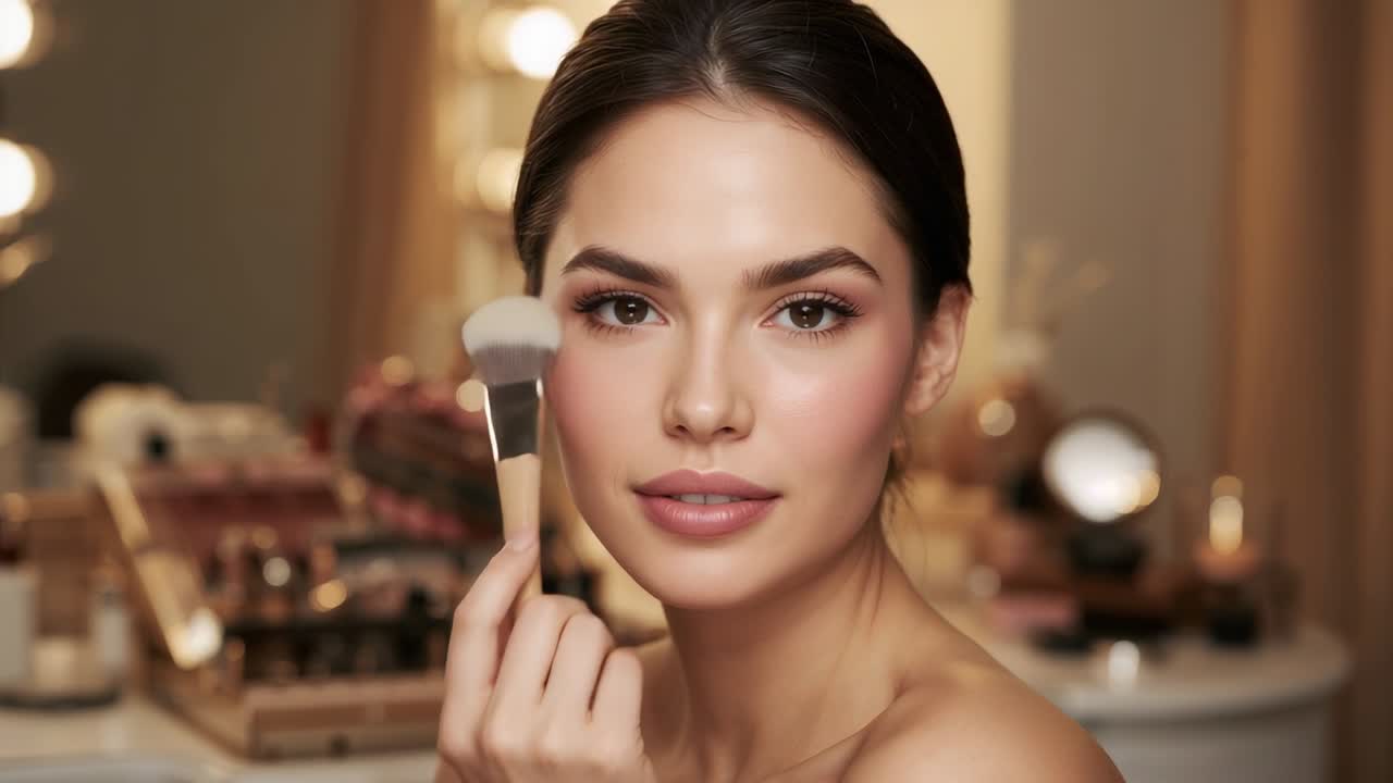 Facing camera, model in strapless showing blush blending with fluffy brush at vanity for tutorial