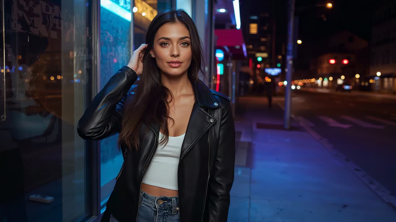 Leaning woman posing and tucking hair as camera zooming beside neon at night wearing leather jacket